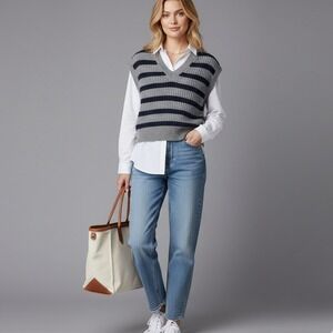 Madewell Striped Knit Sweater Vest Small Gray Navy V-Neck Cotton